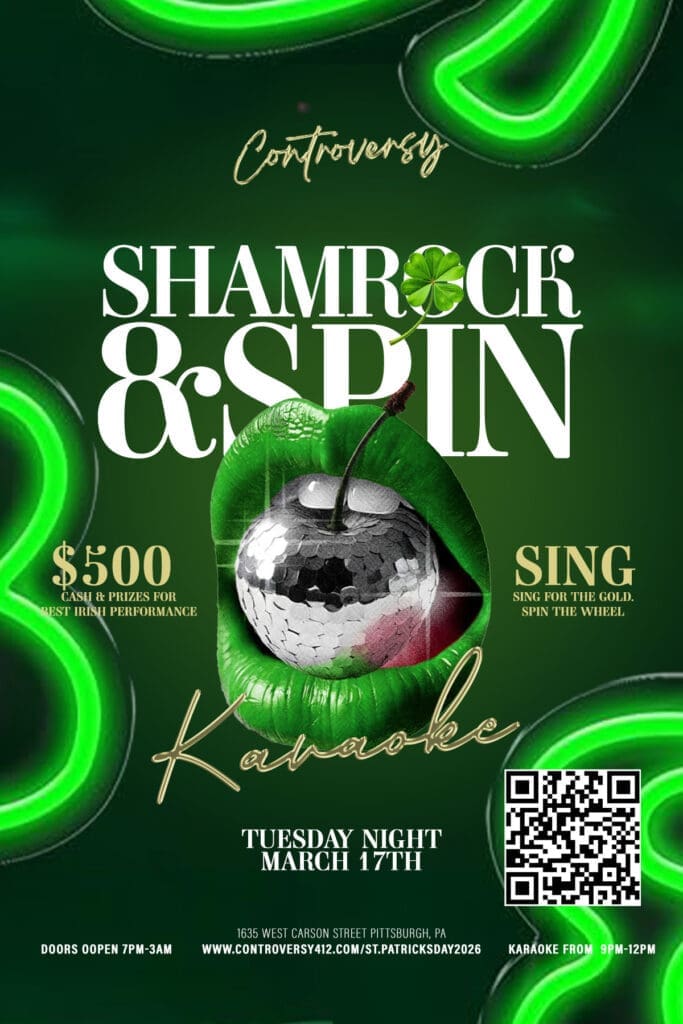 Shamrock & Spin St. Patrick’s Day party flyer for Controversy Gentlemen’s Club in Pittsburgh featuring DJs, green lights, and Irish-themed nightlife.