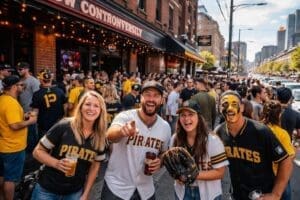 A crowd of Pittsburgh Pirates fans gathered outside a nightclub on a busy city street, celebrating opening day with smiles and baseball apparel.