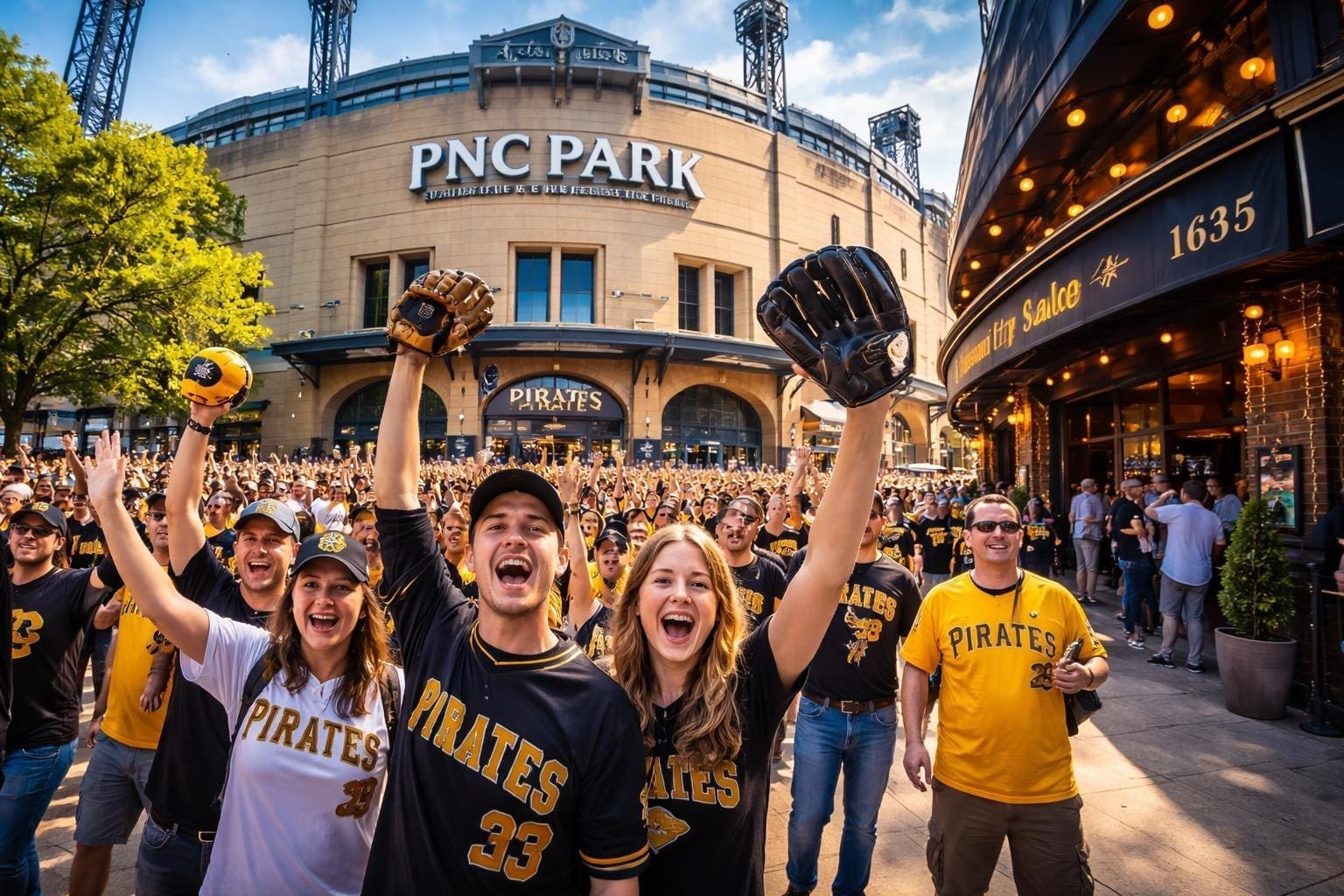 Fans in Pittsburgh Pirates clothing cheer outside PNC Park with a nightclub entrance visible nearby on a sunny day.