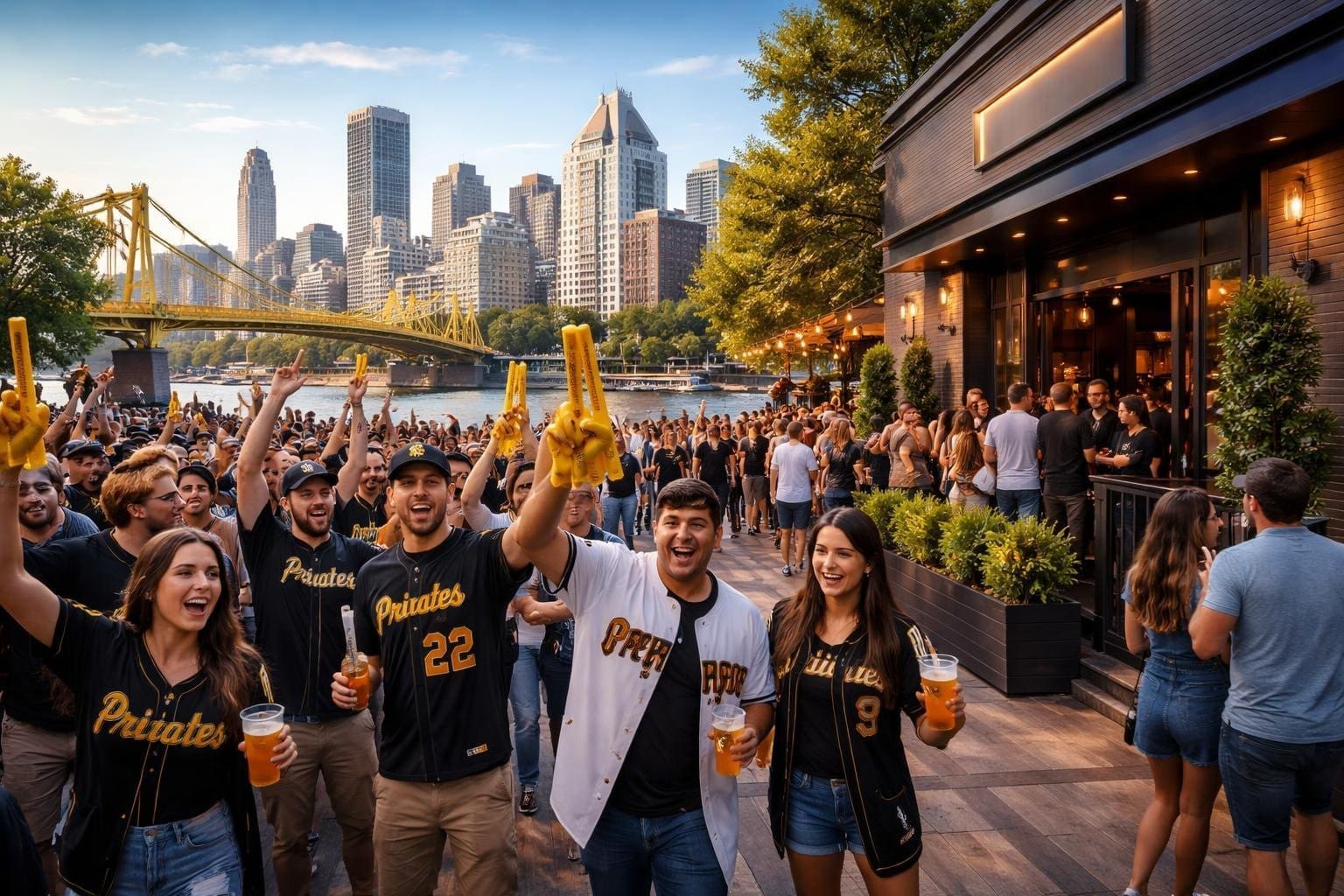 Fans celebrating Pittsburgh Pirates Opening Day near a nightclub on West Carson Street with the city skyline in the background.