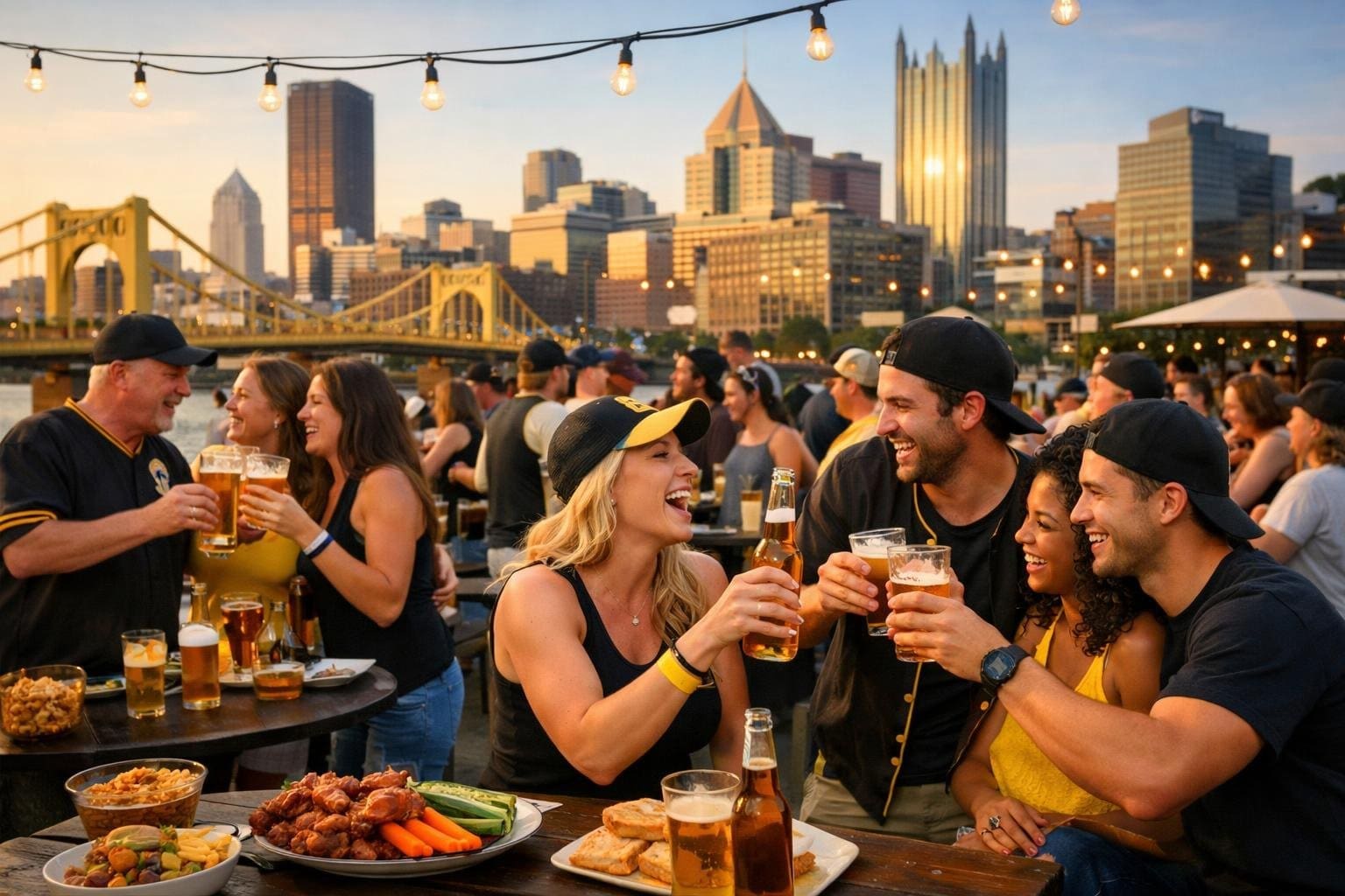 A group of people celebrating outdoors on a rooftop with a city skyline in the background during early evening.