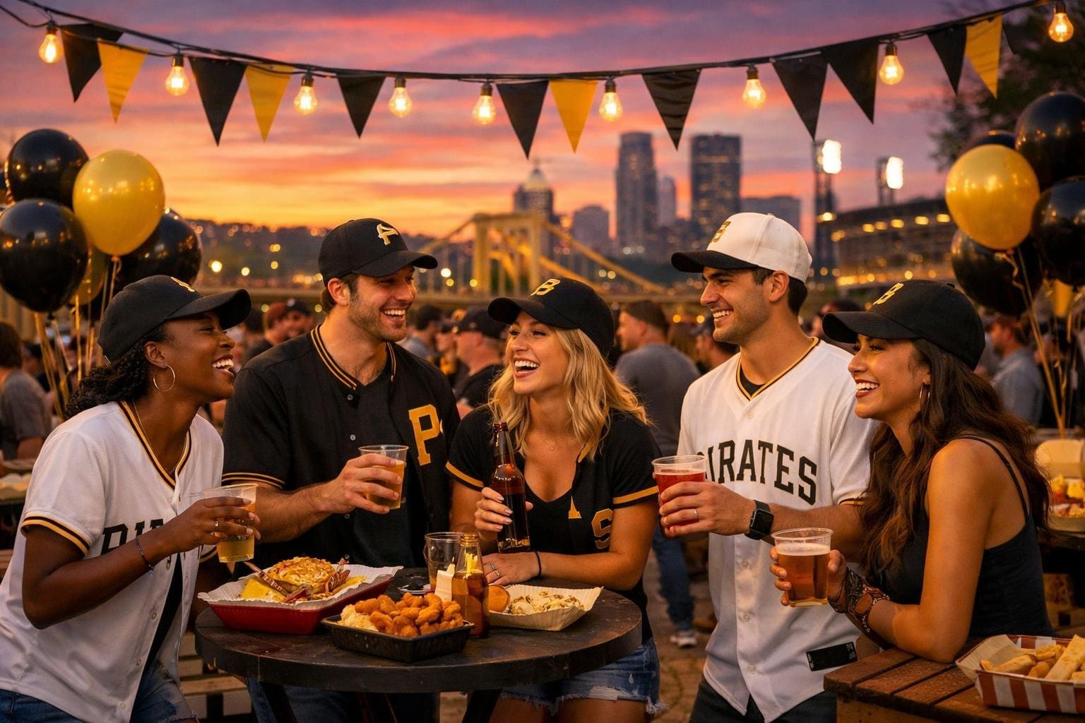A group of people celebrating outdoors at a Pirates baseball after-party with city skyline and stadium in the background during sunset.