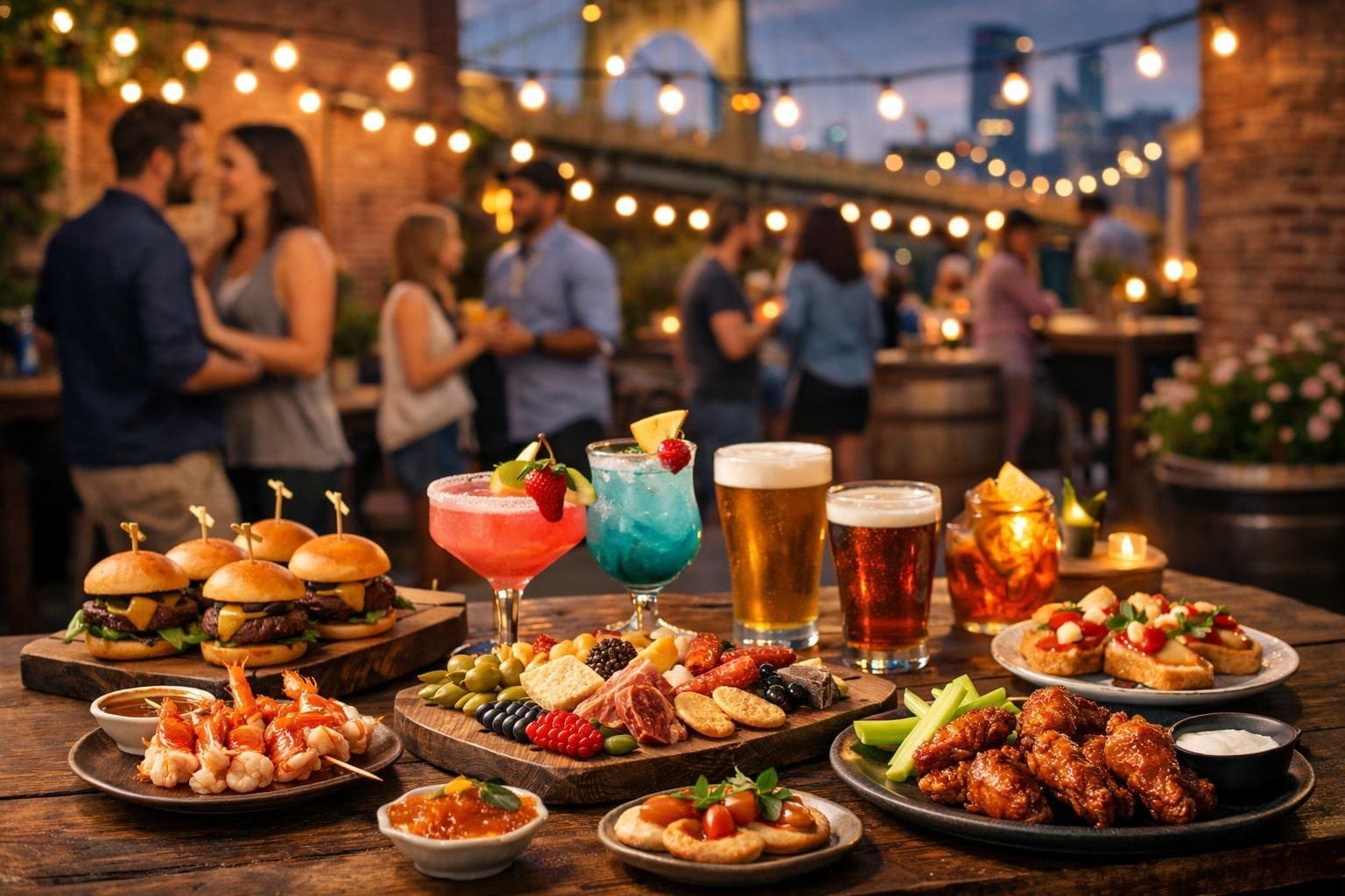 An outdoor food and drink setup with finger foods and colorful cocktails on wooden tables, with people enjoying a social gathering in the background.
