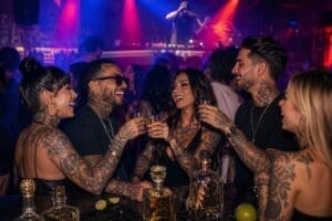 A lively nightclub scene with young adults showing tattoos, enjoying tequila shots, and socializing under colorful lights.