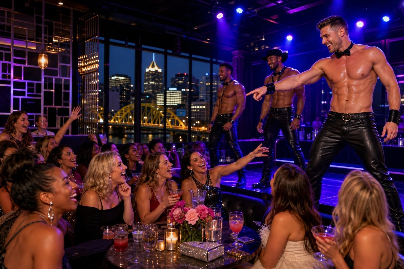 A group of women enjoying a male stripper performance at a nightclub during a girls' night out.