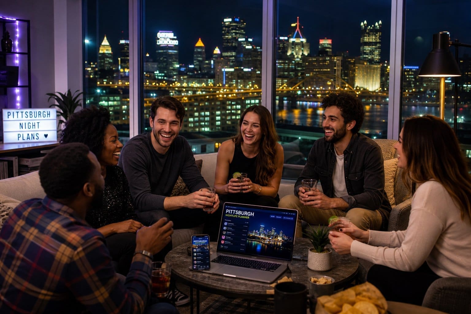 A group of adults planning a night out together in a living room with a nighttime view of the Pittsburgh skyline.